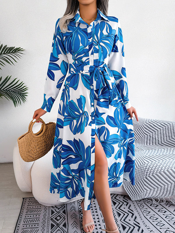 Long Sleeves Loose Printed Split-Joint Tied Waist Lapel Shirt Dress