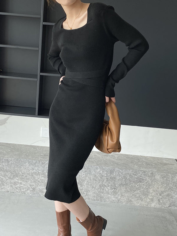 Simple Skinny Long Sleeves Solid Color Square-Neck Sweater Dresses