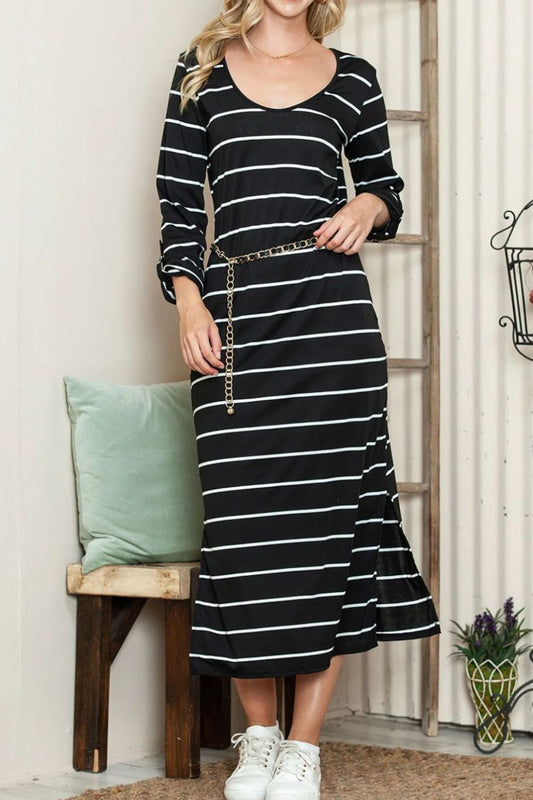 ABS2437BK Slit Striped Scoop Neck Long Sleeve Midi Tee Dress