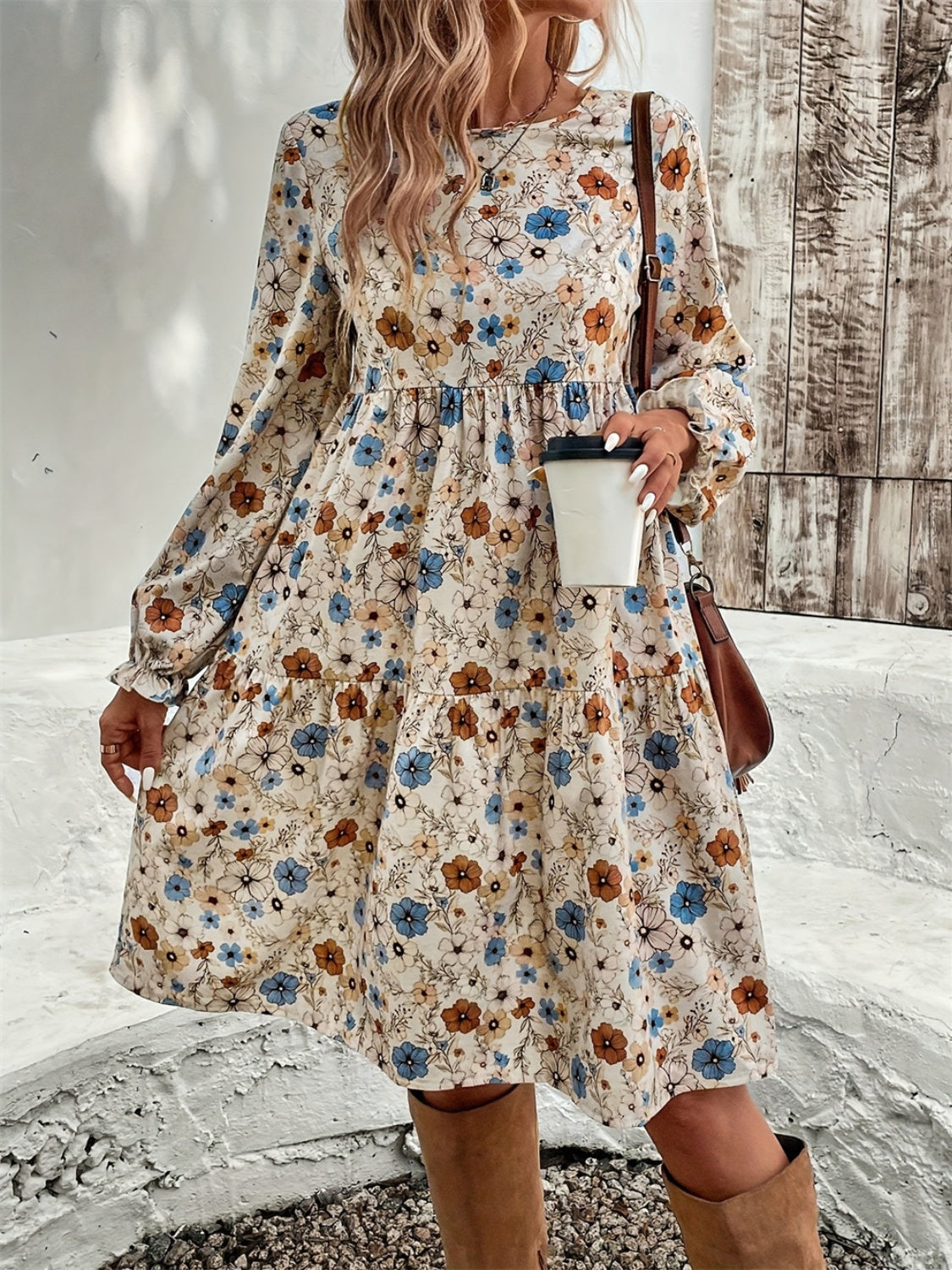 ABT42PK Ruffled Printed Round Neck Long Sleeve Dress