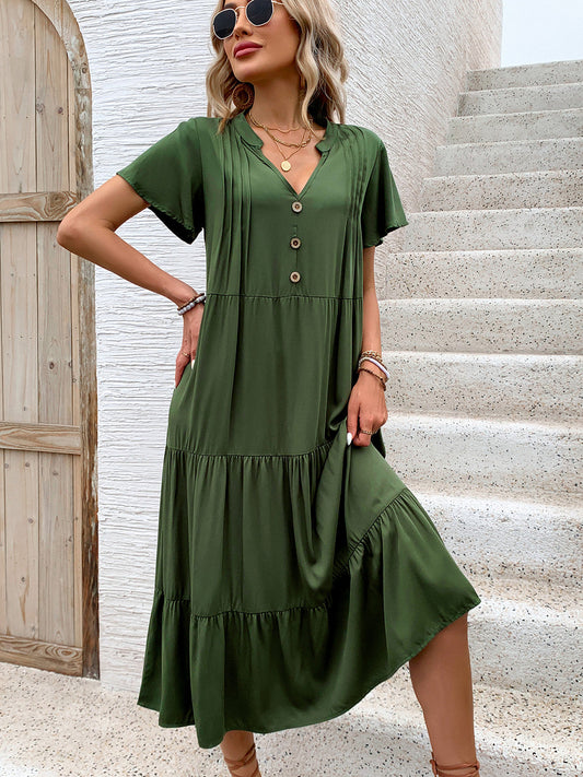 ABC16 Tiered Notched Short Sleeve Midi Dress