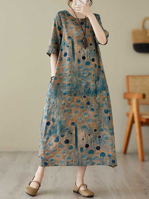 Half Sleeves Loose Contrast Color Polka-Dot Printed Round-Neck Midi Dresses