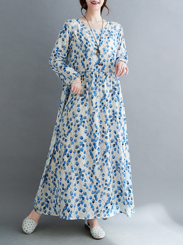 Long Sleeves Loose Flower Print Split-Joint Round-Neck Midi Dresses