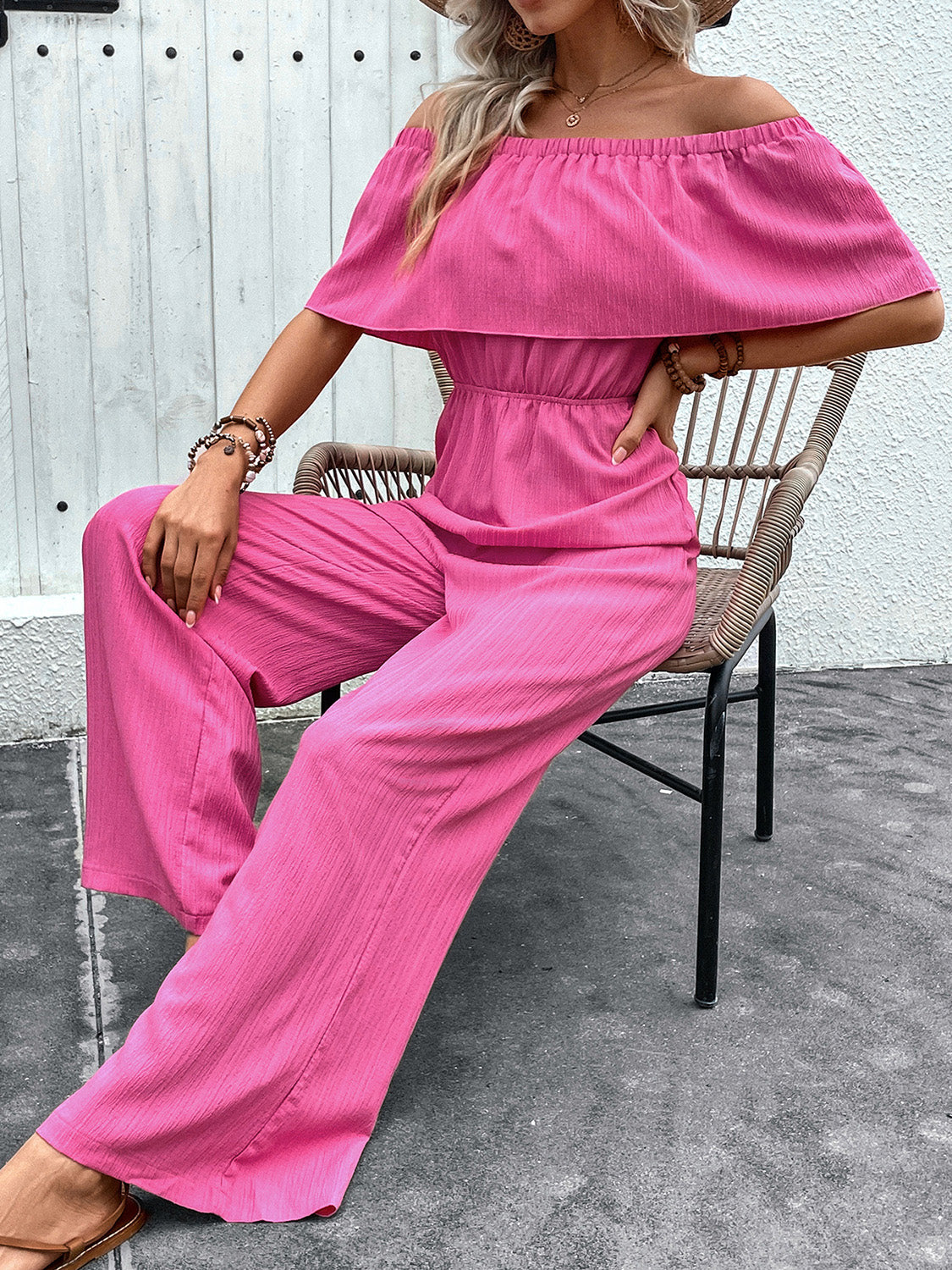 GNT046PK Off-Shoulder Wide Leg Jumpsuit