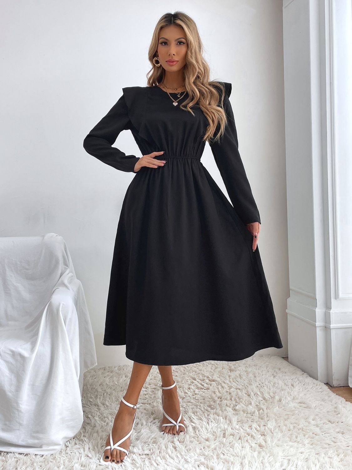 ABS2445BK Ruched Ruffled Round Neck Long Sleeve Dress