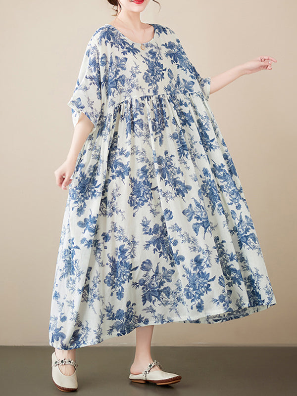 ABT51WT Loose Short Sleeves Floral Printed Pleated Split-Joint Round-Neck Midi Dresses