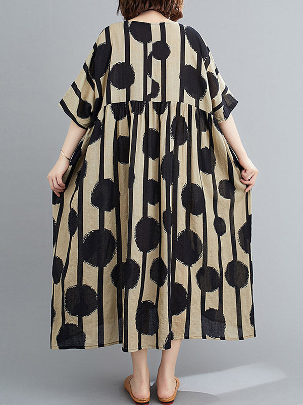 Original Polka-Dot Split-Joint Round-Neck Midi Dress