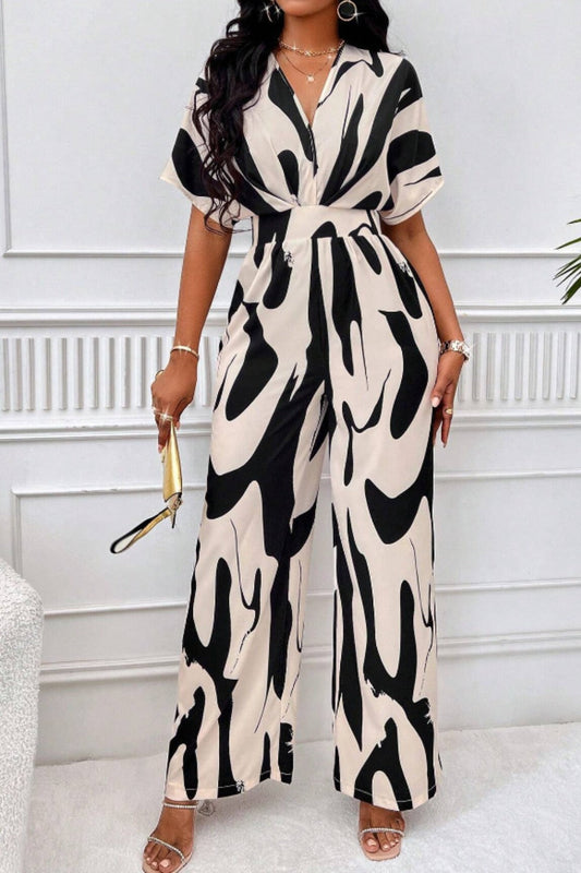 ABT44 Printed V-Neck Short Sleeve Wide Leg Jumpsuit