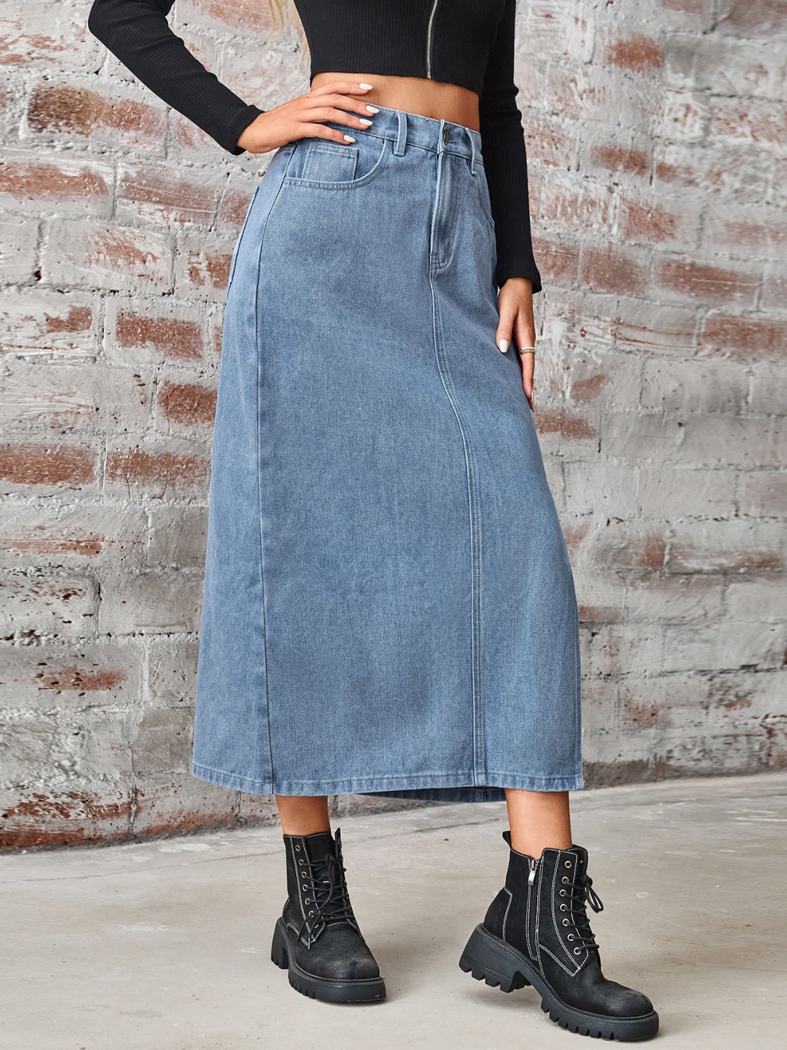 ABS2454BK Slit High Waist Denim Skirt with Pockets