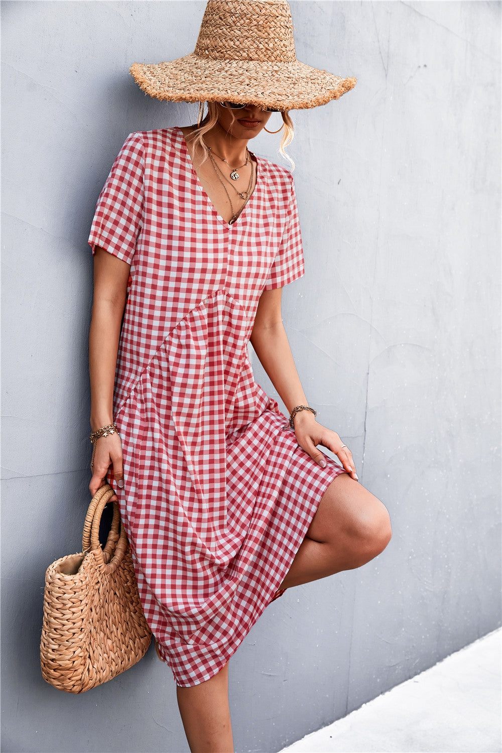 ABC05 Plaid V-Neck Short Sleeve Dress