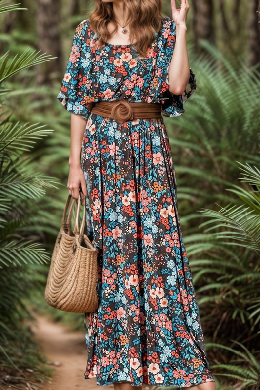 ABS2406GY Tied Printed Round Neck Half Sleeve Dress