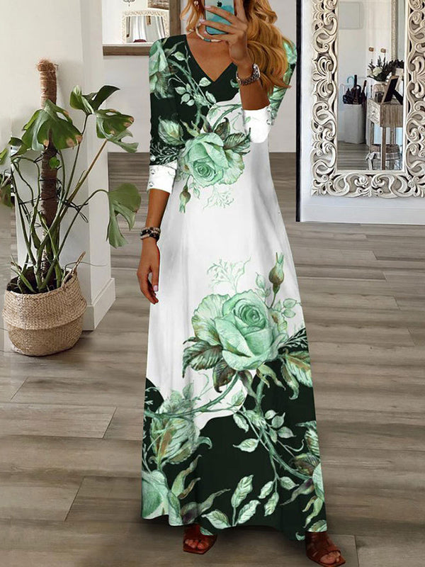 Loose Wrap Contrast Color Flower Print V-Neck Maxi Dresses