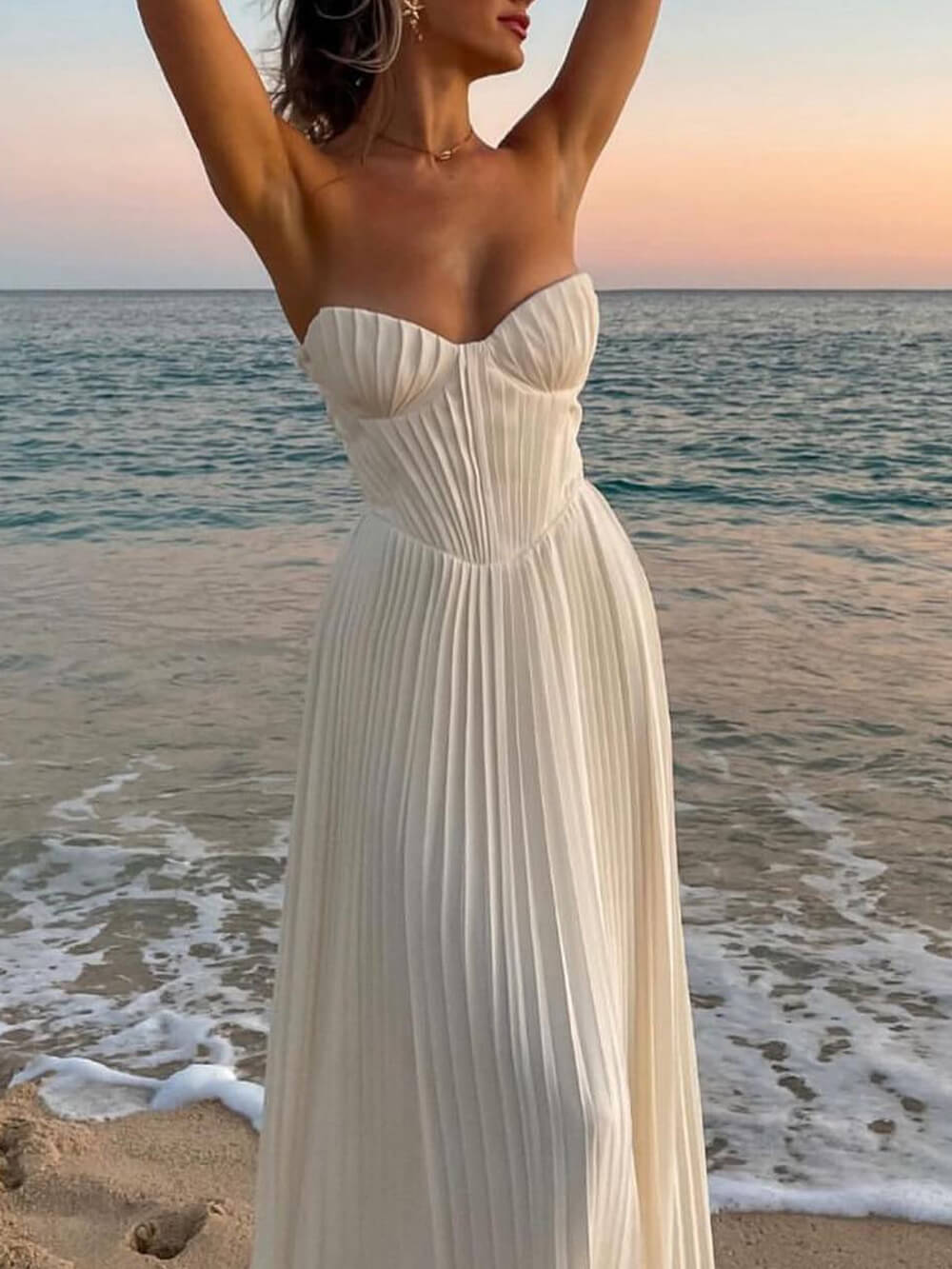 ABS2441WT Elegant Pleated Strapless Maxi Dress