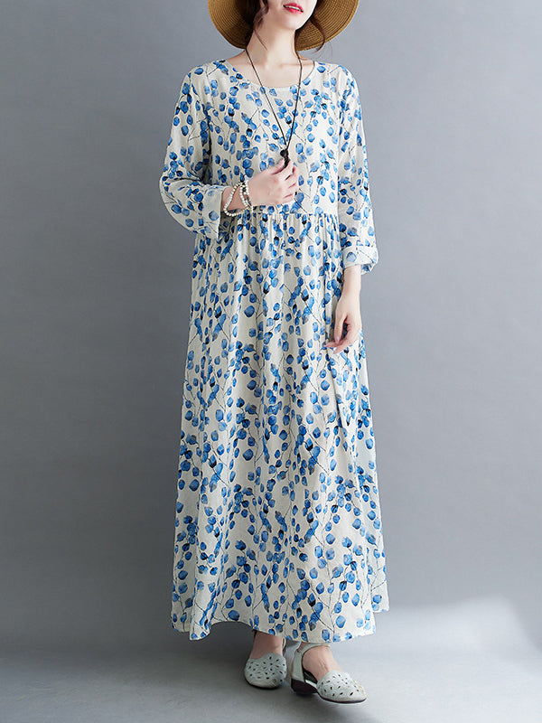 Long Sleeves Loose Flower Print Split-Joint Round-Neck Midi Dresses