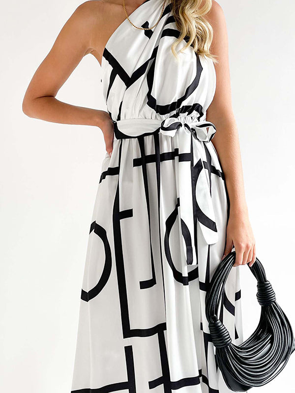 Loose Sleeveless Bandage Contrast Color Hollow Printed One-Shoulder Midi Dresses