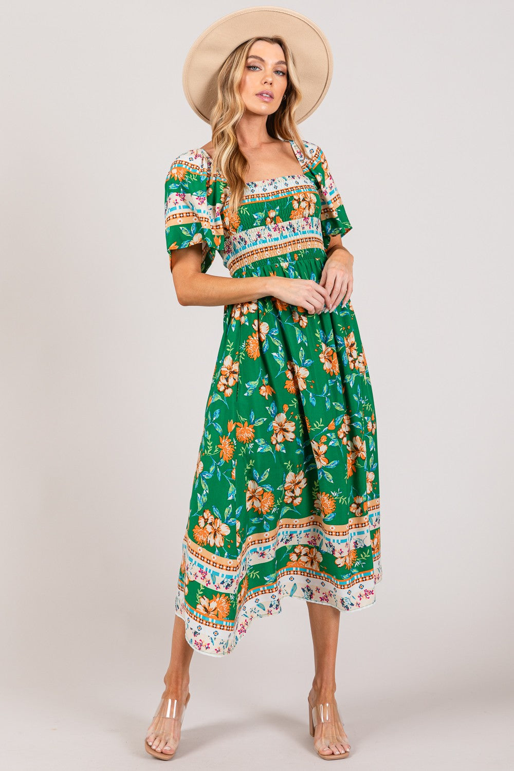 SPR090GN Printed Smocked Short Sleeve Midi Dress