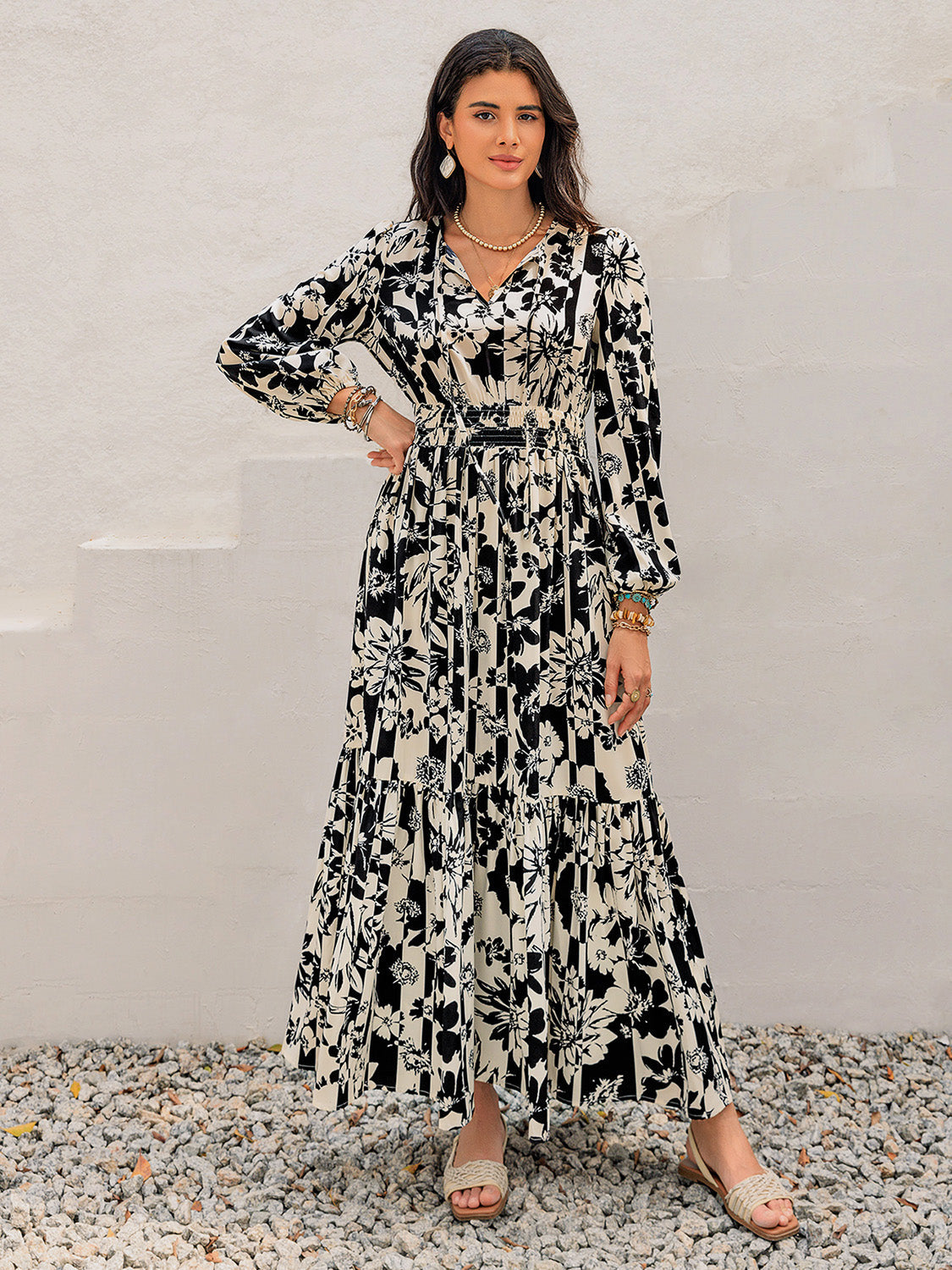 ABS2439GY Smocked Printed Tie Neck Long Sleeve Dress