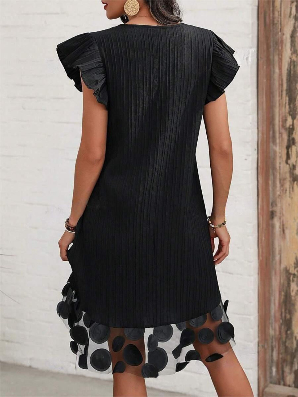 ABT40BK Ruffled V-Neck Cap Sleeve Dress