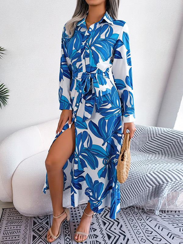 Long Sleeves Loose Printed Split-Joint Tied Waist Lapel Shirt Dress