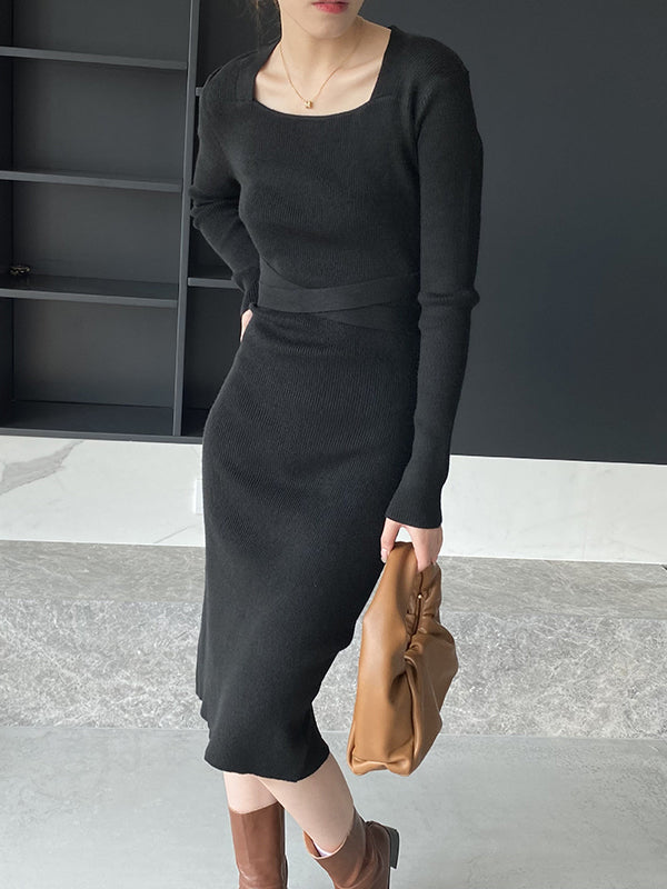 Simple Skinny Long Sleeves Solid Color Square-Neck Sweater Dresses