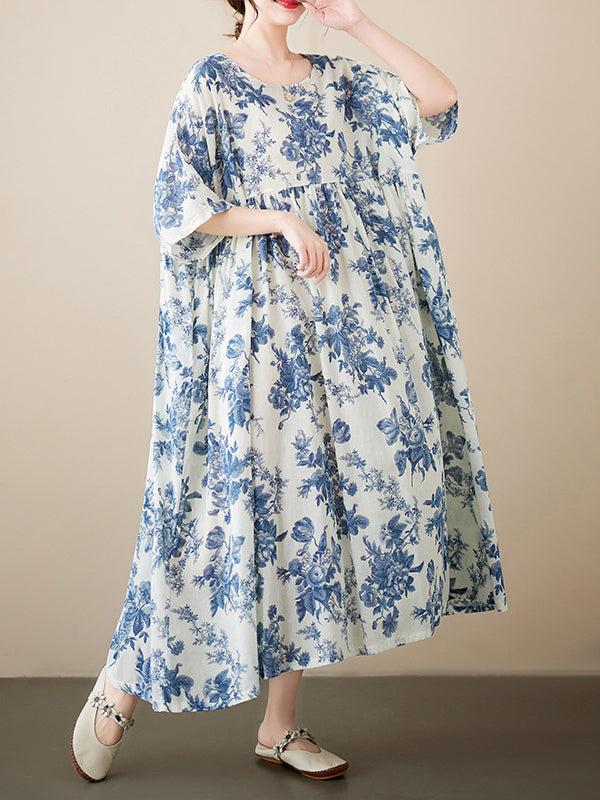 ABT51WT Loose Short Sleeves Floral Printed Pleated Split-Joint Round-Neck Midi Dresses