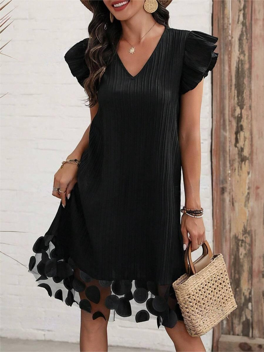 ABT40BK Ruffled V-Neck Cap Sleeve Dress