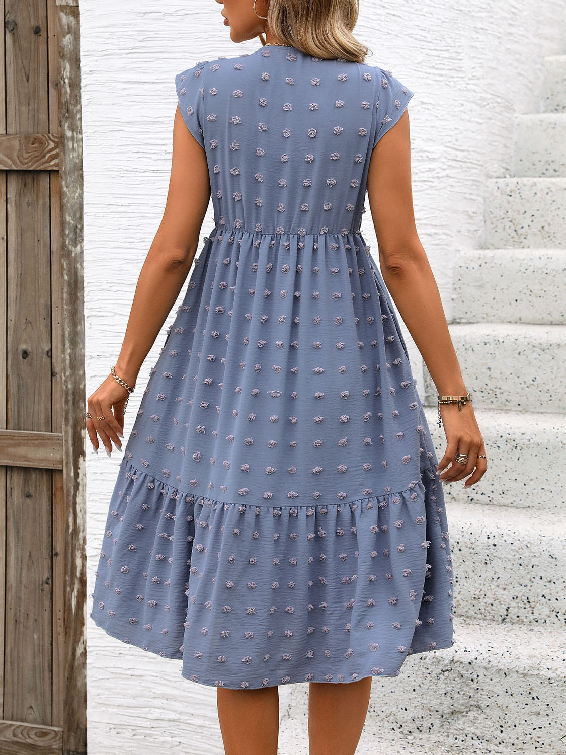 ABS2449WT Swiss Dot V-Neck Cap Sleeve Dress