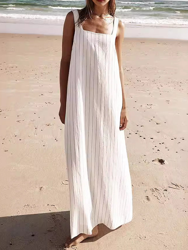 ABC10WT A-Line Loose Striped Square-Neck Maxi Dresses