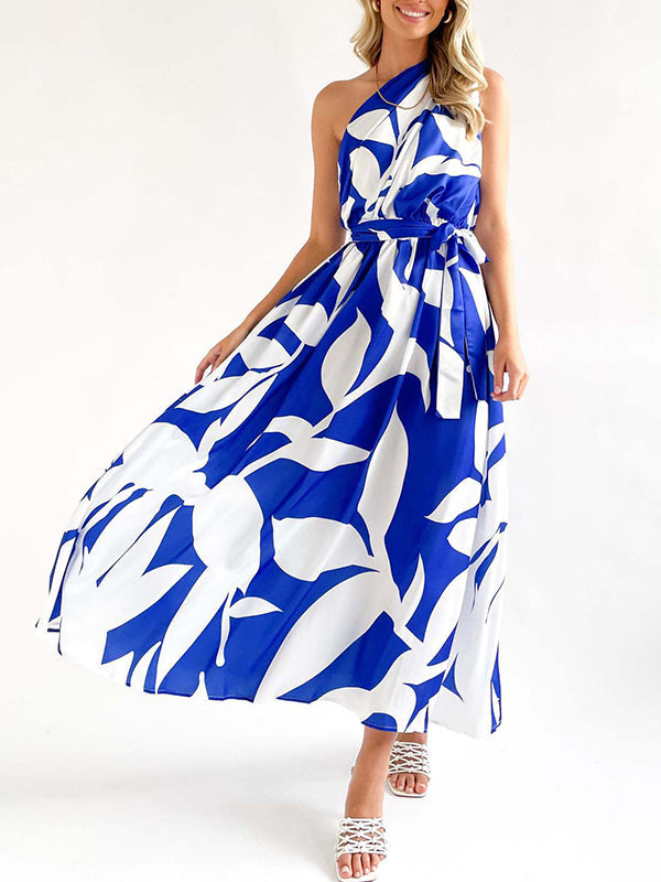 Loose Sleeveless Bandage Contrast Color Hollow Printed One-Shoulder Midi Dresses