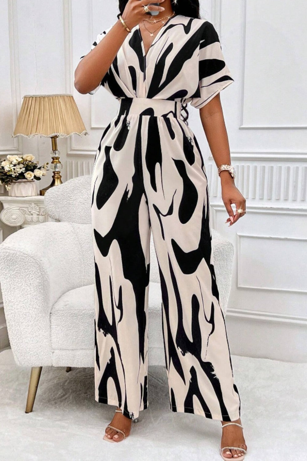 ABT44 Printed V-Neck Short Sleeve Wide Leg Jumpsuit