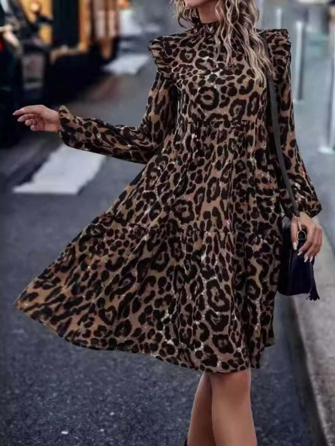 ABS2447GY Ruffled Leopard Mock Neck Long Sleeve Mini Dress