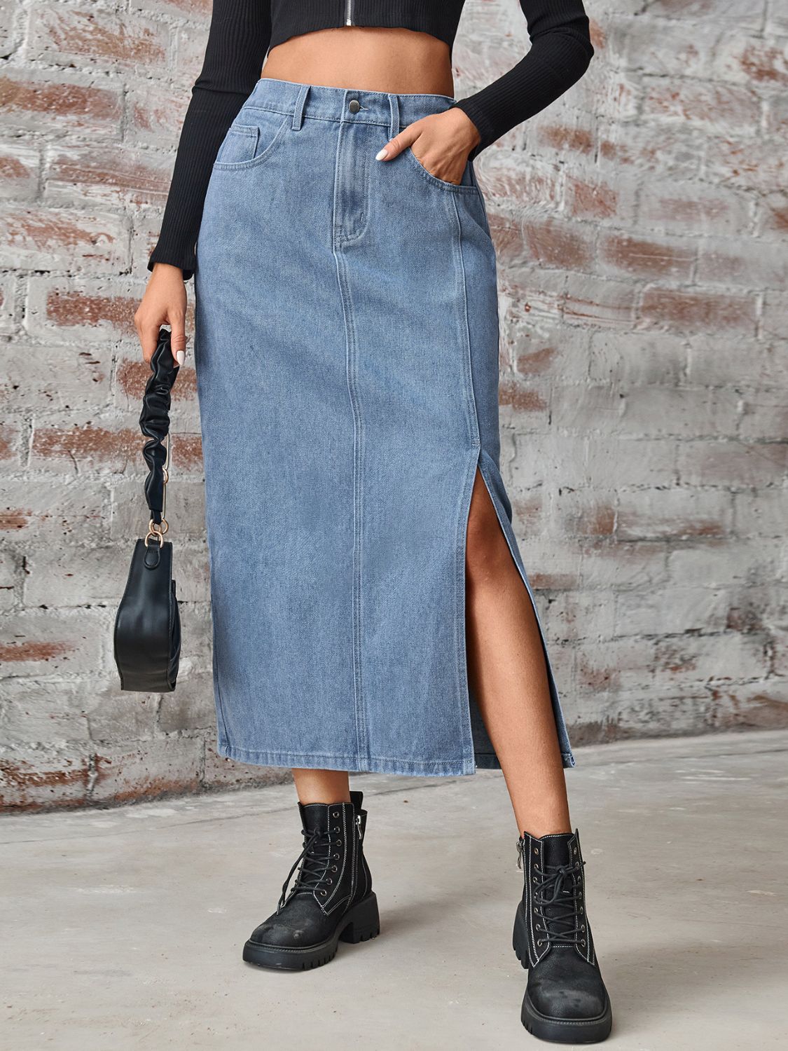 ABS2454BK Slit High Waist Denim Skirt with Pockets