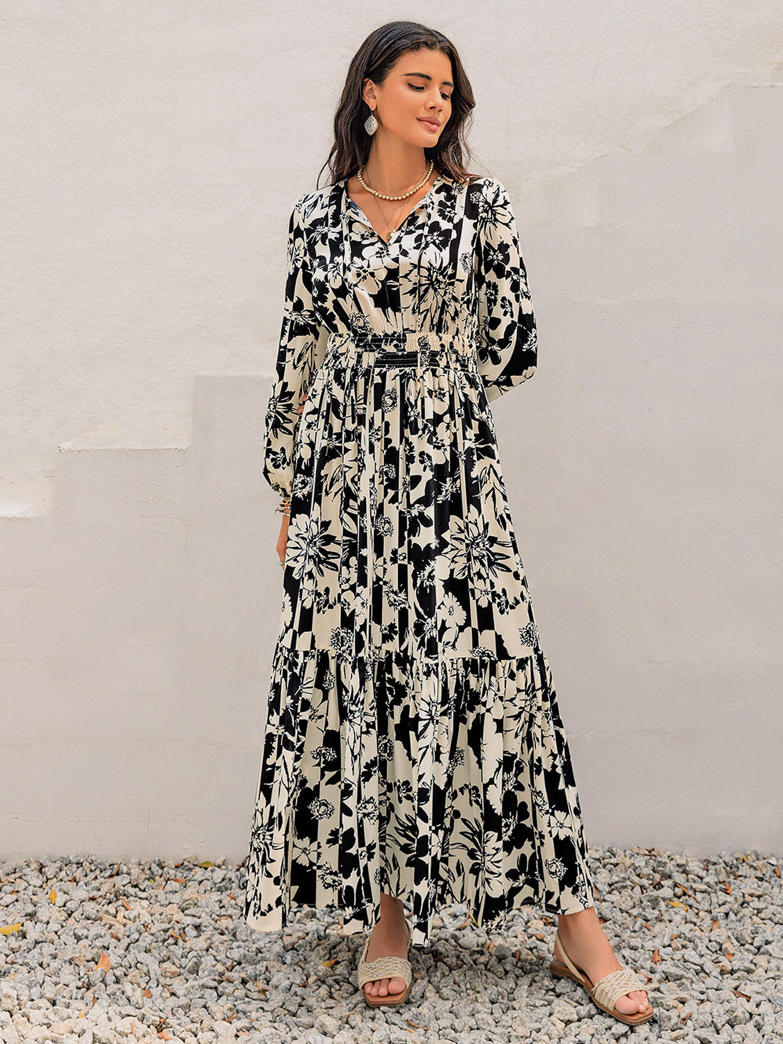 ABS2439GY Smocked Printed Tie Neck Long Sleeve Dress