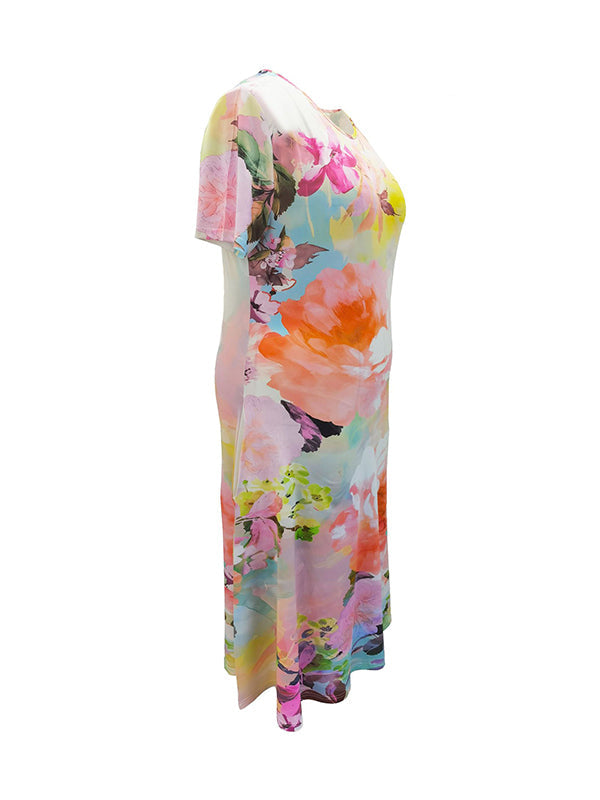 A-Line Loose Flower Print Pockets Round-Neck Midi Dresses