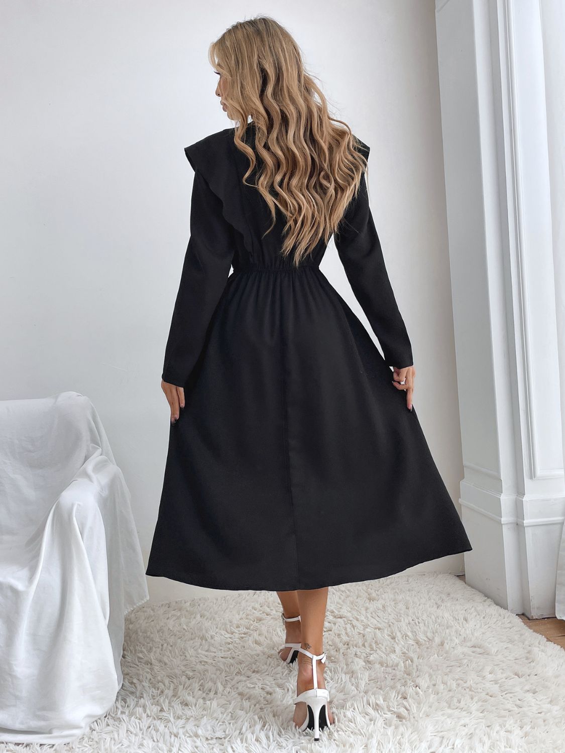 ABS2445BK Ruched Ruffled Round Neck Long Sleeve Dress