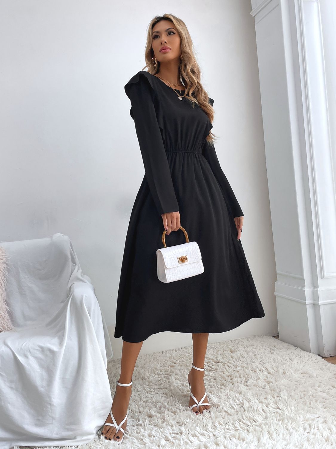 ABS2445BK Ruched Ruffled Round Neck Long Sleeve Dress