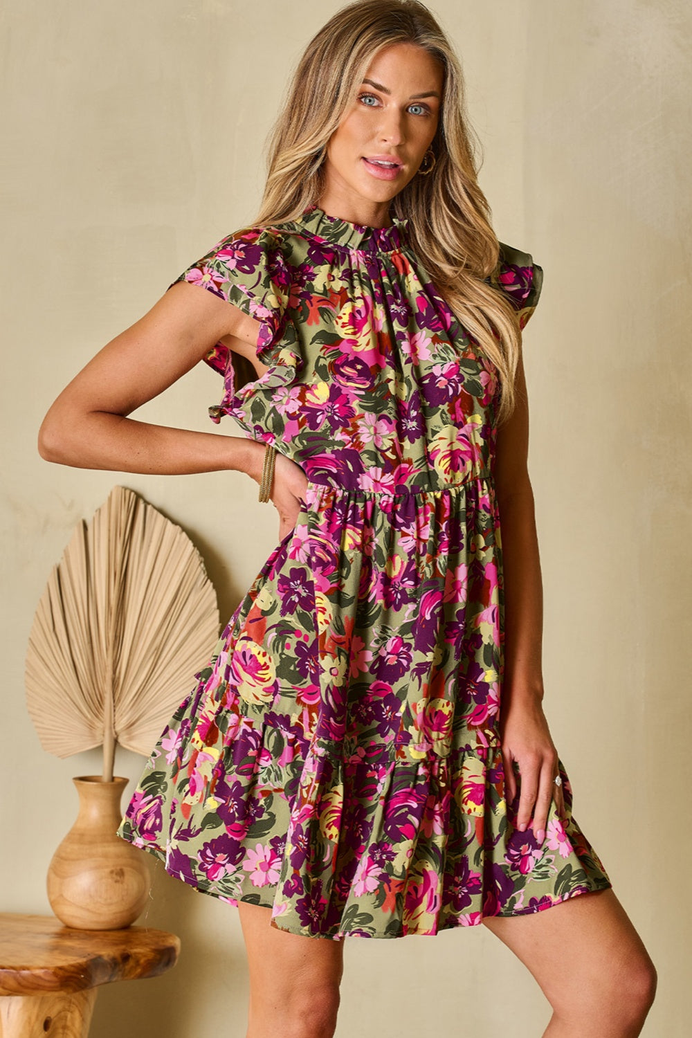 ABS2502RD Ruffled Printed Mock Neck Cap Sleeve Mini Dress