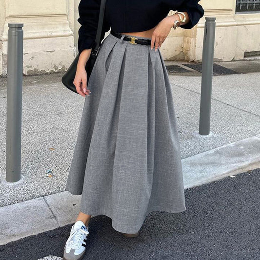 Gray Fashion Pleated Long Skirt skirts for women