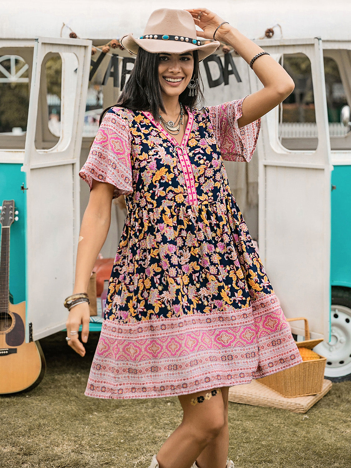 Printed V-Neck Short Sleeve Dress