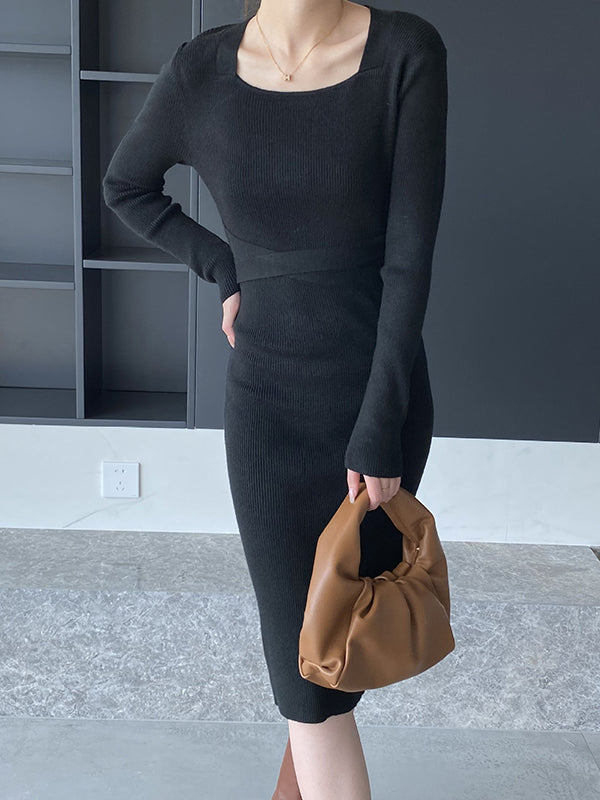 Simple Skinny Long Sleeves Solid Color Square-Neck Sweater Dresses