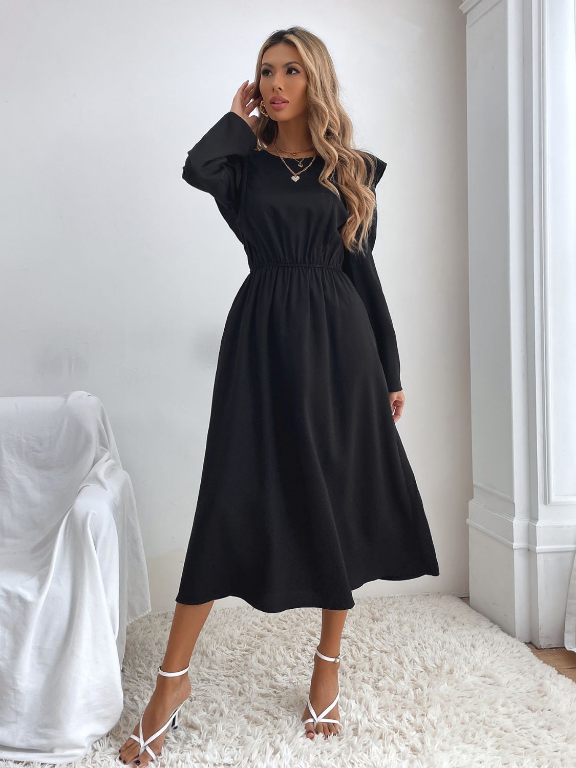 ABS2445BK Ruched Ruffled Round Neck Long Sleeve Dress