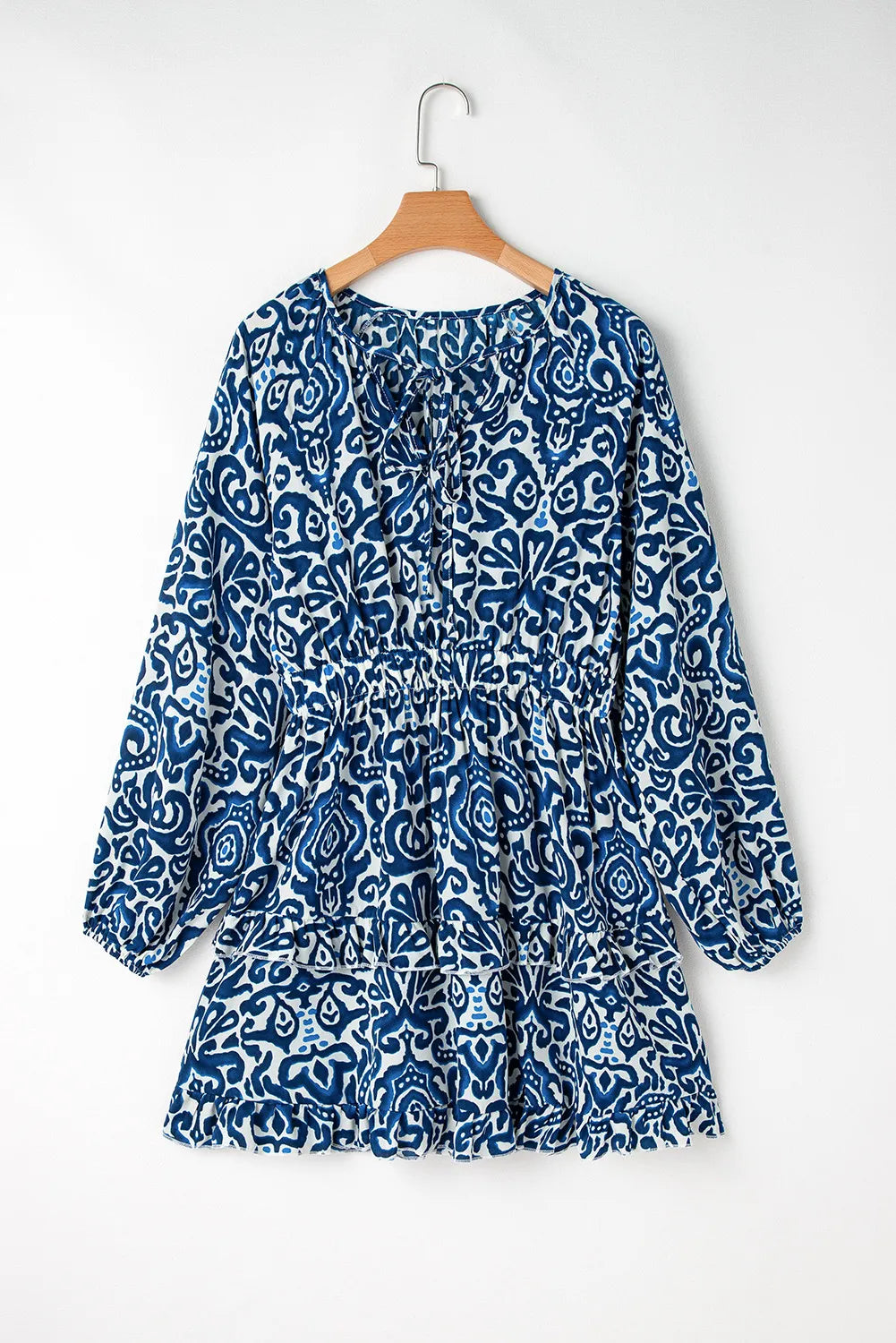 ABS2448BK Printed Tie Neck Long Sleeve Dress