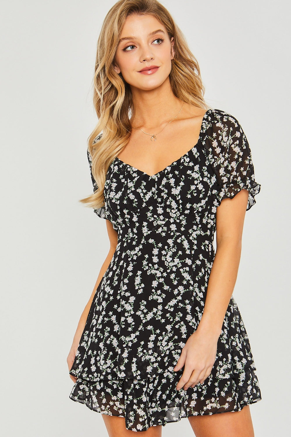 ABT28BK Love Tree Ditsy Floral Short Sleeve Romper