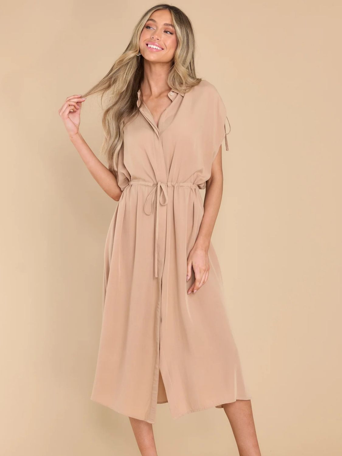 Drawstring Collared Neck Short Sleeve Midi Dress