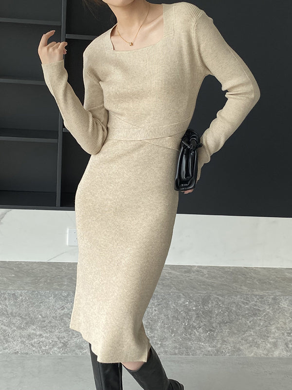 Simple Skinny Long Sleeves Solid Color Square-Neck Sweater Dresses