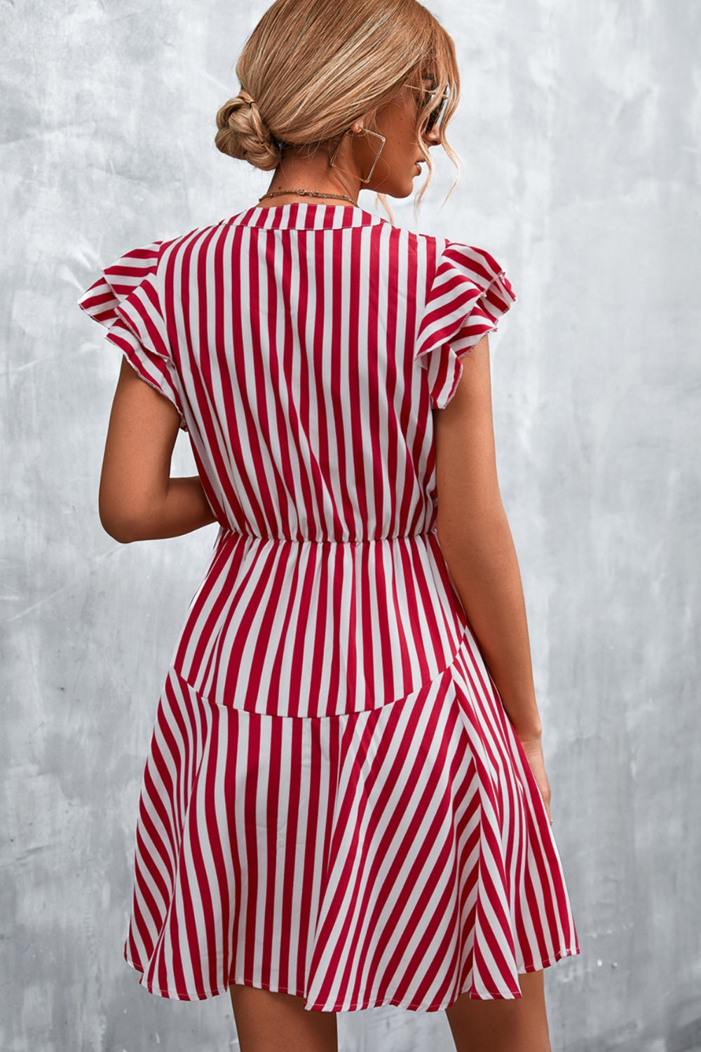 ABT20RED Ruffled Striped Cap Sleeve Mini Dress