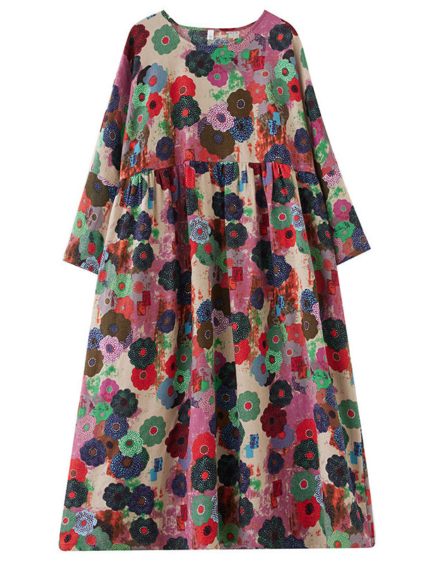 Long Sleeves Loose Flower Print Pockets Split-Joint Round-Neck Midi Dresses