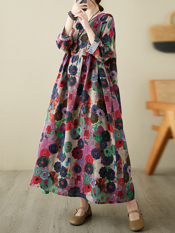 Long Sleeves Loose Flower Print Pockets Split-Joint Round-Neck Midi Dresses