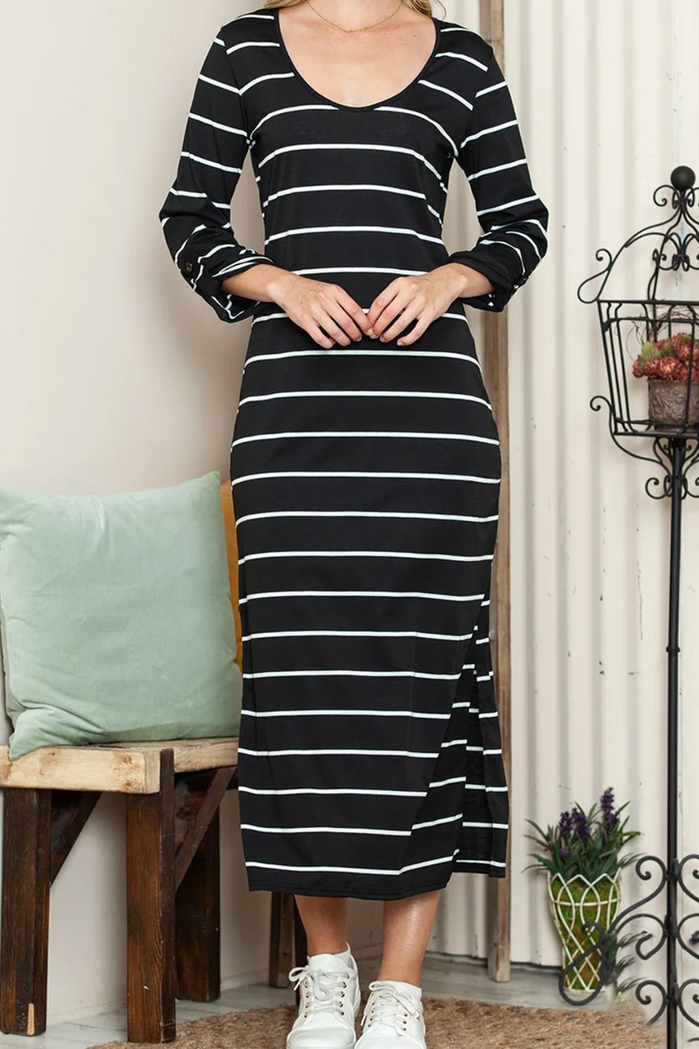 ABS2437BK Slit Striped Scoop Neck Long Sleeve Midi Tee Dress