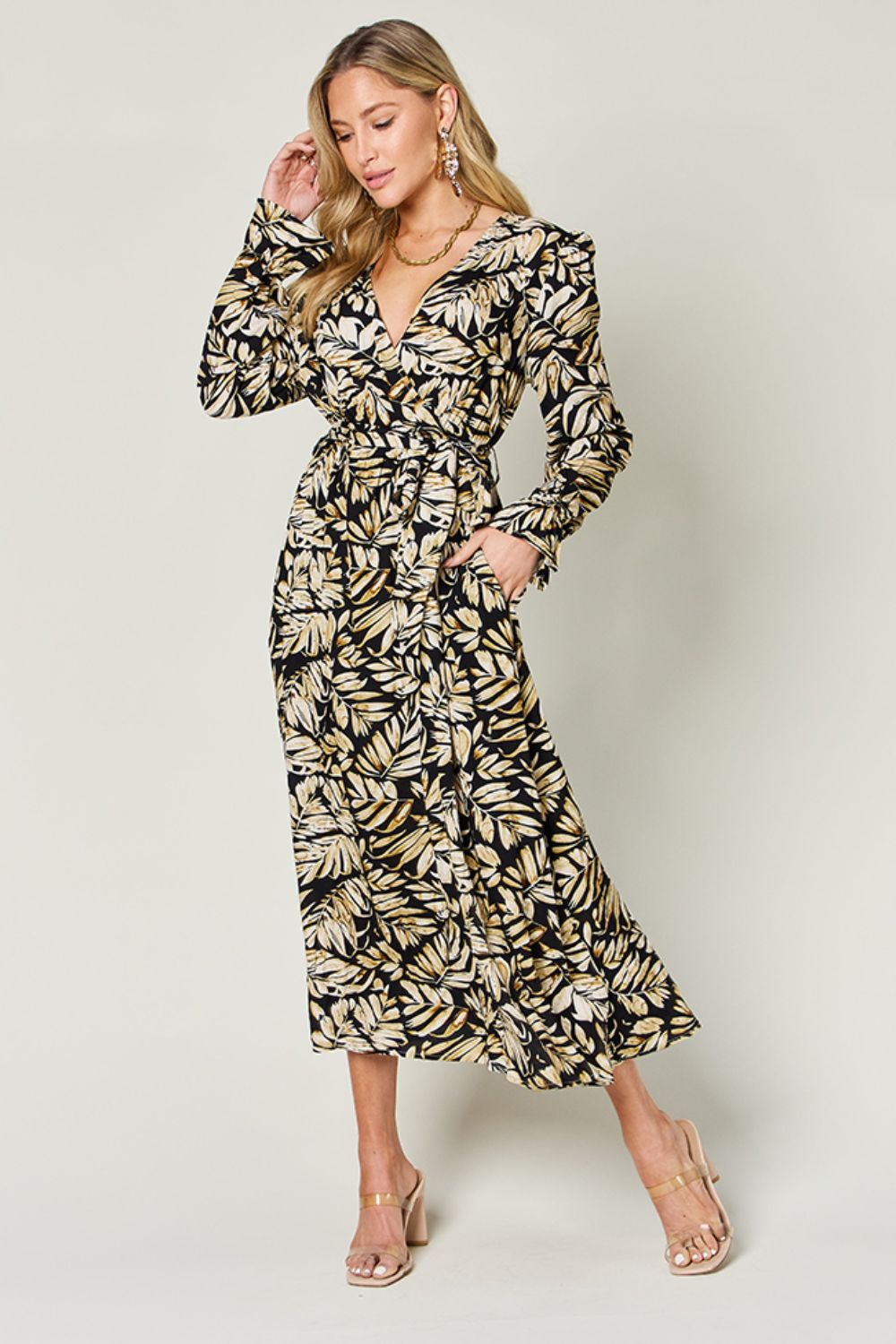 ABS2440GY Double Take Full Size Tie Back Flounce Sleeve Dress